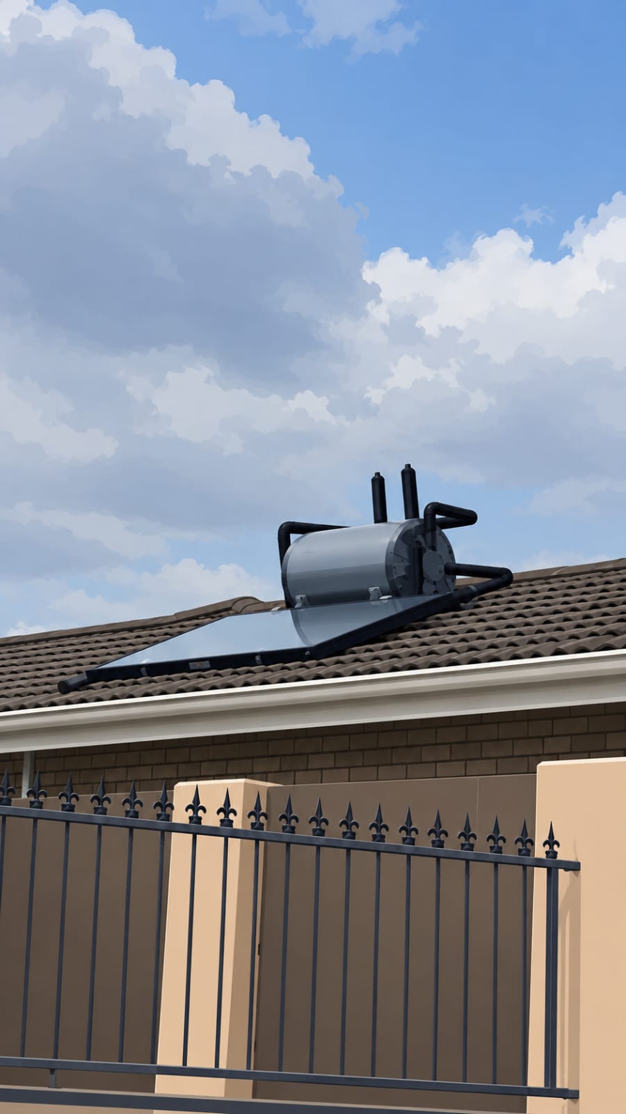 Solar geyser installed on a tiled roof